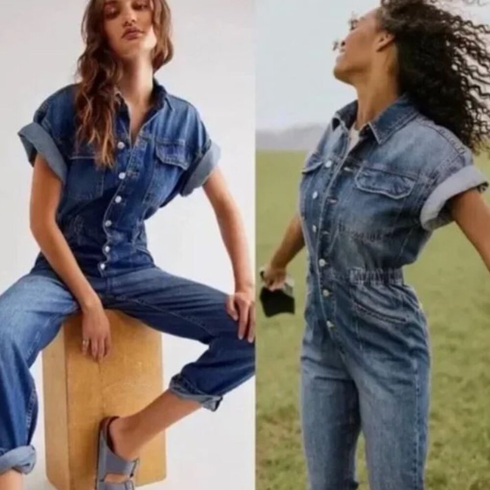 Free People We the Free Marci Coverall Jumpsuit Size L Blue NWOT